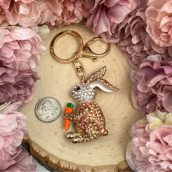 Champagne and Silver Crystal Bunny Rabbit with Carrot Keychain Charm - Picture 14 of 16